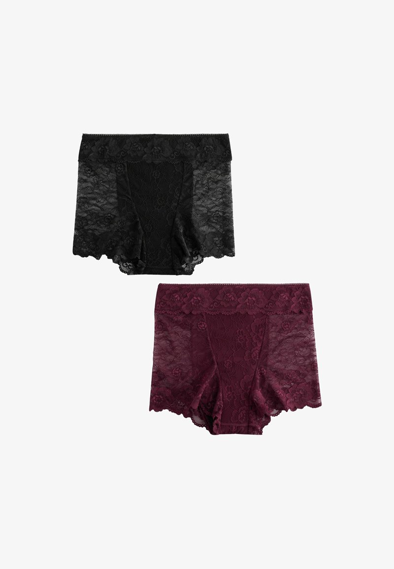 Kaks paari kõrge vöökohtadega pitsilisi naiste aluspükse, üks must ja üks burgundi värvi, lillemustriga ja sakilise äärega.