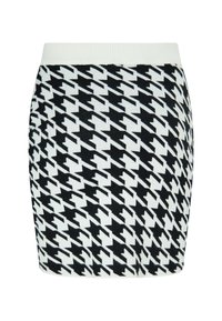 Sukně vzoru houndstooth v černobílé barvě s žebrovaným páskem. Tkanina vypadá pletená, přiléhavý střih, délka do poloviny stehna.