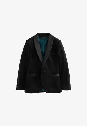 Sacou din catifea neagră cu un singur nasture, rever din satin în formă de șal, două buzunare frontale și căptușeală interioară cu model turcoaz.