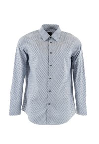 Camisa de manga larga abotonada en algodón azul claro con un patrón geométrico, con cuello puntiagudo y seis botones en la parte delantera.
