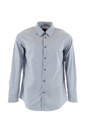Camicia button-up a maniche lunghe in cotone azzurro chiaro con un motivo geometrico, dotata di colletto a punta e sei bottoni sul davanti.