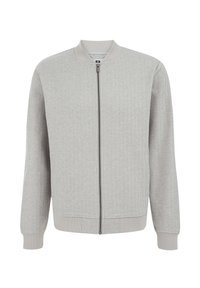 Světle šedá bomber bunda s plným zipem, žebrovanými manžetami a lemem. Má hladký povrch a jednoduchou siluetu. Bez viditelných vzorů či akcentů.