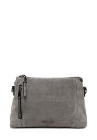Gray suede handbag with a smooth texture, featuring a top zipper and a side zip pocket. Leather accents and branded logo on the front.