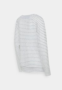 Witte langemouwen shirt met smalle blauwe horizontale strepen, gezien vanaf de achterkant, met een ronde halslijn en raglanmouwen.