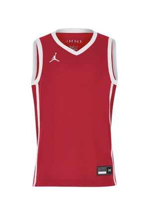 Maglia da basket rossa senza maniche con bordo bianco, logo Jumpman bianco sul petto e etichetta della taglia in basso a destra davanti.