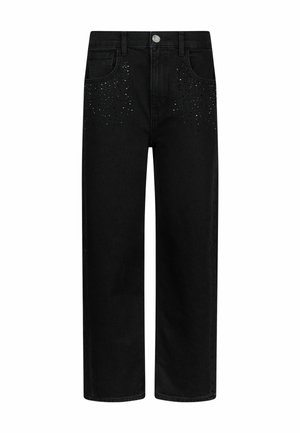 Jeans in denim nero con design a gamba dritta, caratterizzati da abbellimenti in strass sulle tasche anteriori e uno stile classico a cinque tasche.