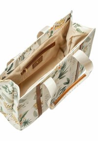 Bloemenpatroon draagtas van stof met tan lederen accenten, beige interieur en een ritsvak; uitgerust met dubbele handvaten.