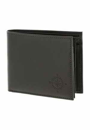 Black leather bi-fold wallet with stitched edges and an embossed compass design on the lower right corner.