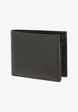 Portefeuille bi-pli en cuir noir avec bords cousus et un dessin de boussole embossé dans le coin inférieur droit.