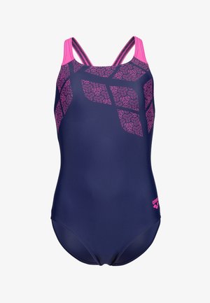 Costume da bagno blu navy con accenti rosa, caratterizzato da un motivo geometrico. Realizzato in tessuto elastico, ha spalline regolabili e un taglio sobrio.