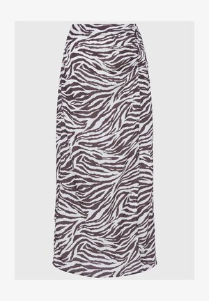 Maxi skirt with a ruched design, featuring a bold brown and white zebra stripe pattern. Made of lightweight, textured fabric.