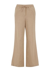 Pantaloni larghi in lino beige con elastico in vita e cordino. Presentano una morbida texture e due tasche laterali.