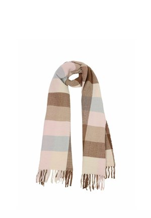Knitted scarf with horizontal stripes in beige, brown, light pink, and gray tones, featuring fringed ends.