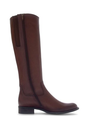 Hoher brauner Lederreitstiefel mit seitlichem Reißverschluss, niedrigem Absatz und abgerundeter Spitze, von der Seite vor weißem Hintergrund gezeigt.