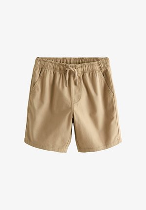 Kaki shorts met een elastische tailleband, verstelbare trekkoord en twee zijzakken. Glad katoenen stof, losse pasvorm en geen zichtbare patronen.