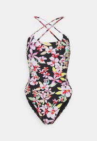 Maillot de bain une pièce avec une base noire et un motif floral dynamique en rose, rouge et vert. Présente des bretelles croisées et un décolleté dégagé.