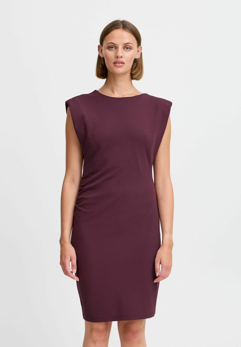Mauve priliehavé šaty s krátkymi rukávmi, nariasením na boku a hladkým, elastickým materiálom. Silueta po kolená s minimalistickým dizajnom.