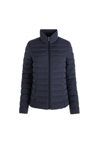 Giacca puffa blu navy con collo alto, chiusura a zip e texture trapuntata. Presenta due tasche laterali con zip e tessuto solido.