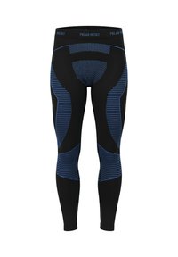 Schwarze Leggings mit blauen Akzenten und gestreiftem Muster. Verfügen über einen mittelhohen Bund und eine strukturierte Rückseite für besseren Sitz und Komfort.
