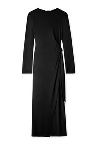 Black long-sleeve dress made from smooth fabric, featuring a fitted silhouette and a side wrap detail. Simple round neckline, ankle-length.