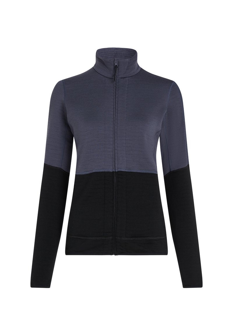 Strukturierte Zip-Jacke mit einem Farbblockdesign in Dunkelblau und Schwarz. Hochkragen und taillierte Silhouette mit langen Ärmeln.