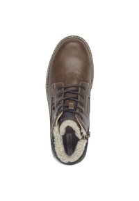 Bottines en cuir marron avec doublure en fausse fourrure, bout rond et lacets noirs. Présente des accents de couture et une semelle robuste pour une meilleure traction.