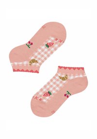 Pink ankle socks featuring a gingham pattern, strawberries, cherries, and a decorative scalloped edge. Soft, lightweight material.