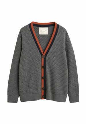 Gray knitted cardigan featuring a deep V-neck, contrasting orange and navy ribbed trim, and six dark buttons at the front.