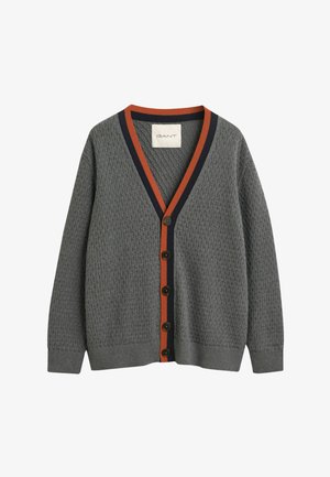 Cardigan grigio in maglia con scollo a V profondo, rifiniture a coste arancioni e blu navy, e sei bottoni scuri sul davanti.