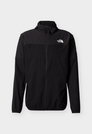 Μαύρο μπουφάν με κουκούλα και πλήρες φερμουάρ, με ελαστικά μανίκια, λογότυπο The North Face στο στήθος και στο μανίκι, ελαφρύ εξωτερικό ένδυμα για υπαίθριες δραστηριότητες.