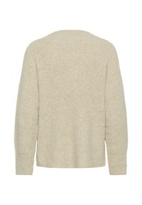 Beige long-sleeve knitted sweater with ribbed texture, viewed from the back, featuring a round neckline and relaxed fit.