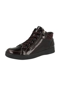 Bottines montantes marron en cuir verni brillant, avec des accents en daim texturé, un laçage à l'avant et un détail de fermeture éclair sur le côté. Semelle plate en caoutchouc.