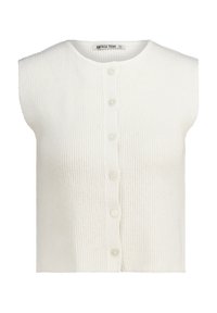 White, sleeveless knit cardigan with a ribbed texture and a round neckline. Features a buttoned front with five clear buttons.