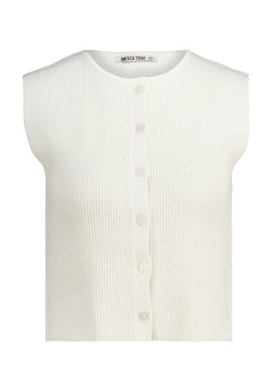 Valkoinen, hihaton neulejakku, jossa on ribbikuviointi ja pyöreä kaula-aukko. Edessä napitettu viisi läpinäkyvää nappia.