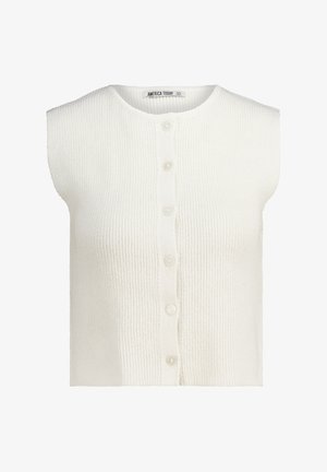 Cardigan blanc sans manches en tricot avec une texture côtelée et un col rond. Présente un devant boutonné avec cinq boutons transparents.