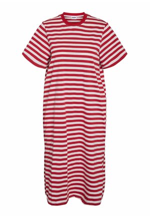 Striped dress featuring horizontal red and white stripes, short sleeves, a crew neckline, and side slits for ease of movement. Made from soft fabric.