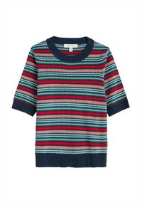 Suéter de manga corta y cuello redondo con rayas multicolores; presenta puños y dobladillo de canalé en color azul marino, hecho de un material suave y texturizado.