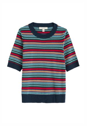 Pulover s kratkimi rokavi in okroglo ovratnikom z večbarvnimi črtami; ima mornarsko modre rebraste manšete in rob, izdelan je iz mehke, teksturirane tkanine.