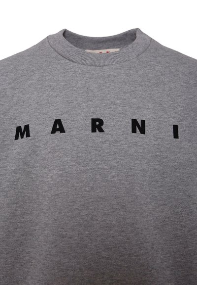 Felpa grigia in cotone, con collo a girocollo a coste. Sulla parte anteriore è visibile il nome del marchio "MARNI" in lettere nere in grassetto.