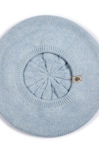 Light blue knitted beret with a circular shape, textured ribbed band, and a central pinched detail, featuring a small fabric label.