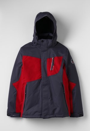 Donkergrijze en rode gevoerde winterjas met een rits aan de voorkant, een ritszak op de borst en verstelbare polsbanden.