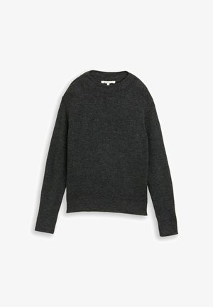 Tmavě šedý svetr vyrobený z měkké pleteniny, s kulatým výstřihem, dlouhými rukávy a mírně zkráceným lemem. Žádné viditelné vzory.