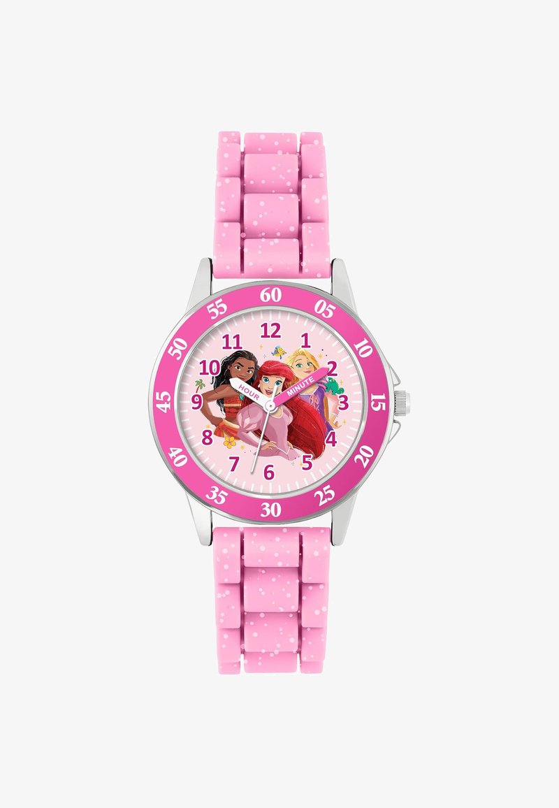 Rosa Kinderuhr mit einem flexiblen Silikonarmband. Das runde Ziffernblatt zeigt Disney-Prinzessinnen auf einem hellrosa Hintergrund, große Ziffern und eine pinke Lünette.