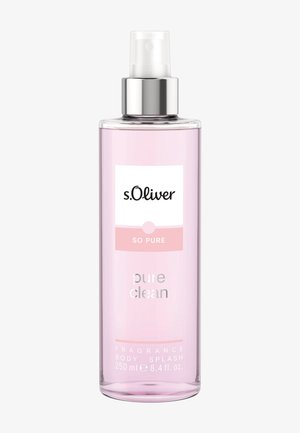 Klar pink sprayflaske mærket "s.Oliver So Pure pure clean" body splash, 250 ml, med sølv spraydyse og gennemsigtig hætte.