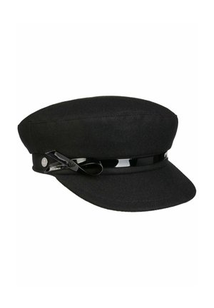 Black flat-top wool cap with short stiff visor and glossy black band detail with loop accent on the side.