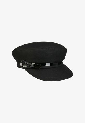 Black flat-top wool cap with short stiff visor and glossy black band detail with loop accent on the side.