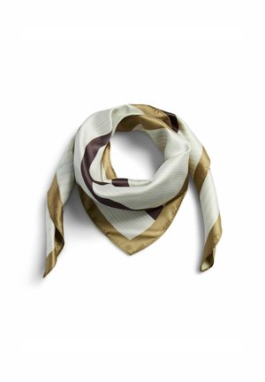 Pañuelo de seda con rayas diagonales en blanco, dorado y marrón. Los bordes tienen un acabado satinado, creando una textura suave.