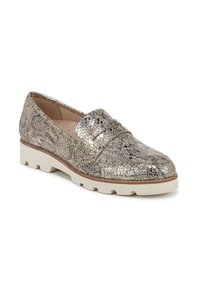 Metallische loafers met slangenprint, een ronde neus, decoratieve band en een witte, segmenten-zool. De gestructureerde afwerking voegt diepte toe aan het ontwerp.