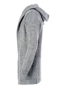 Grå strikket cardigan med hætte, der har ribbetrukne manchetter og kant, sidelommer og en tekstureret stof.