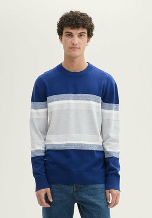 Blauwe en grijs gekleurde sweatshirt met kleurblokken en horizontale strepen, voorzien van een geribbelde ronde hals. Katoenmengsel stof met lange mouwen en aansluitende boorden.